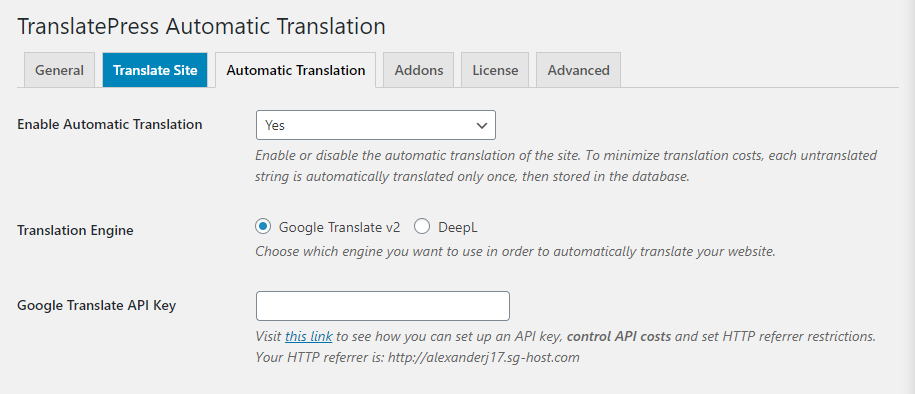 Automatic translation with TranslatePress.