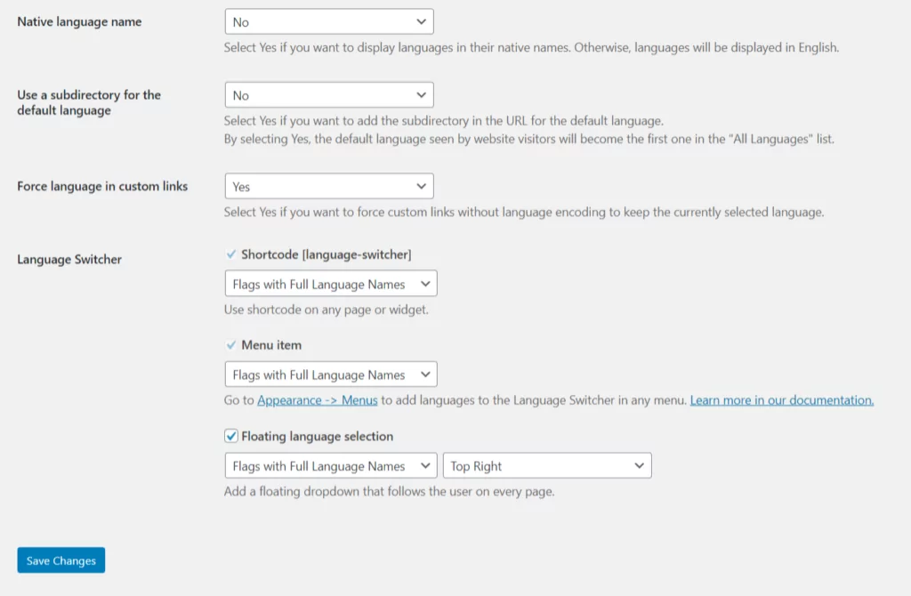 More settings in TranslatePress