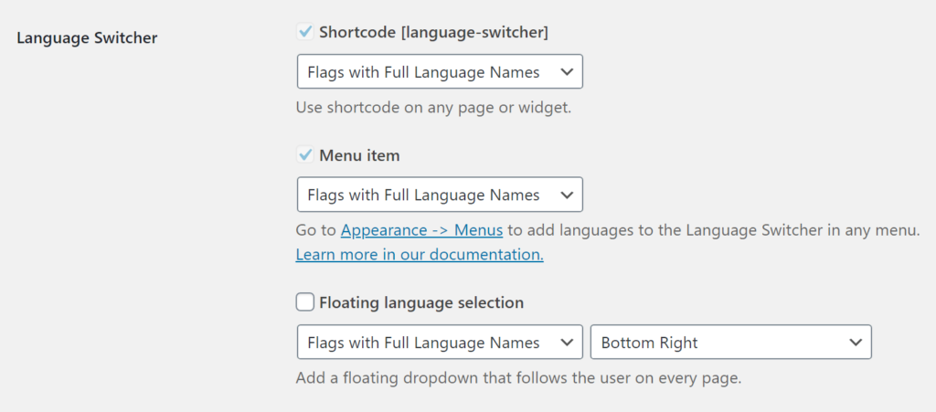 Configure language switcher for your two languages