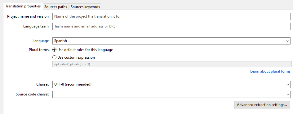 Configuring translation properties in Poedit.