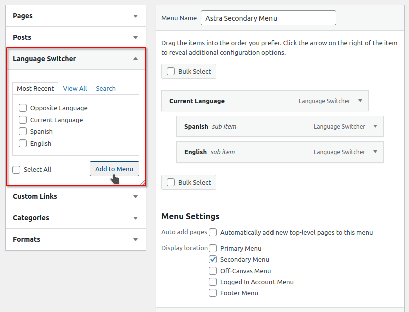 Menu language switcher
