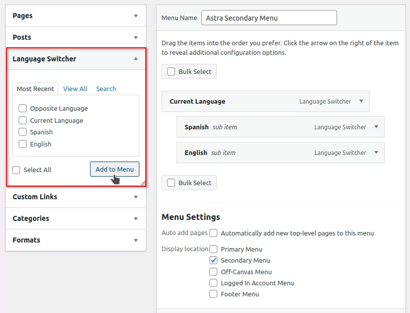 Menu language switcher