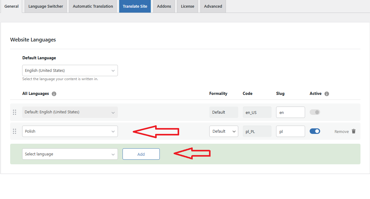 TranslatePress add language
