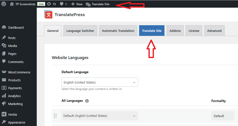 TranslatePress translate site buttons.