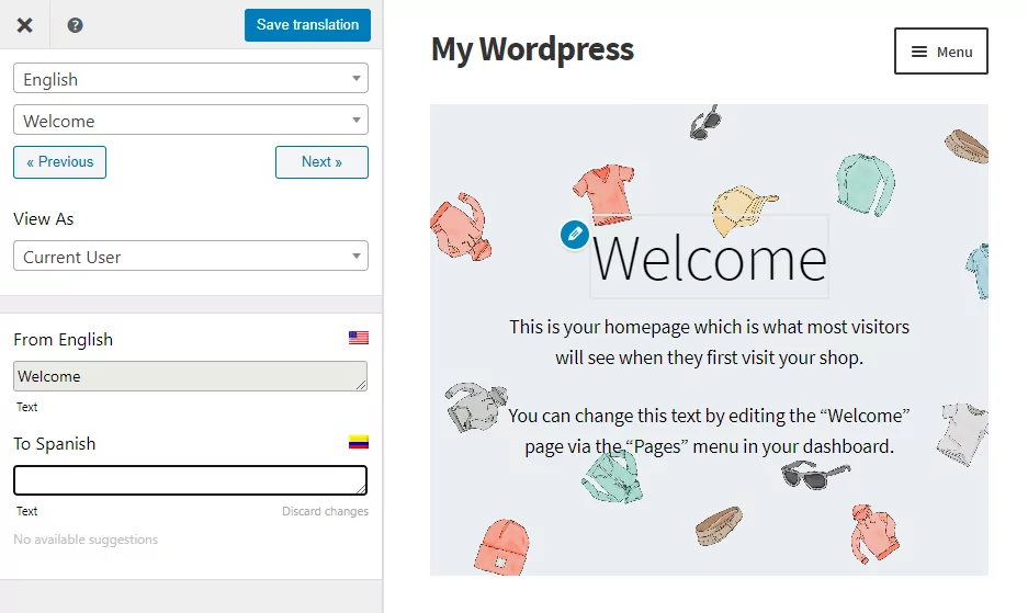 Translating a page using TranslatePress