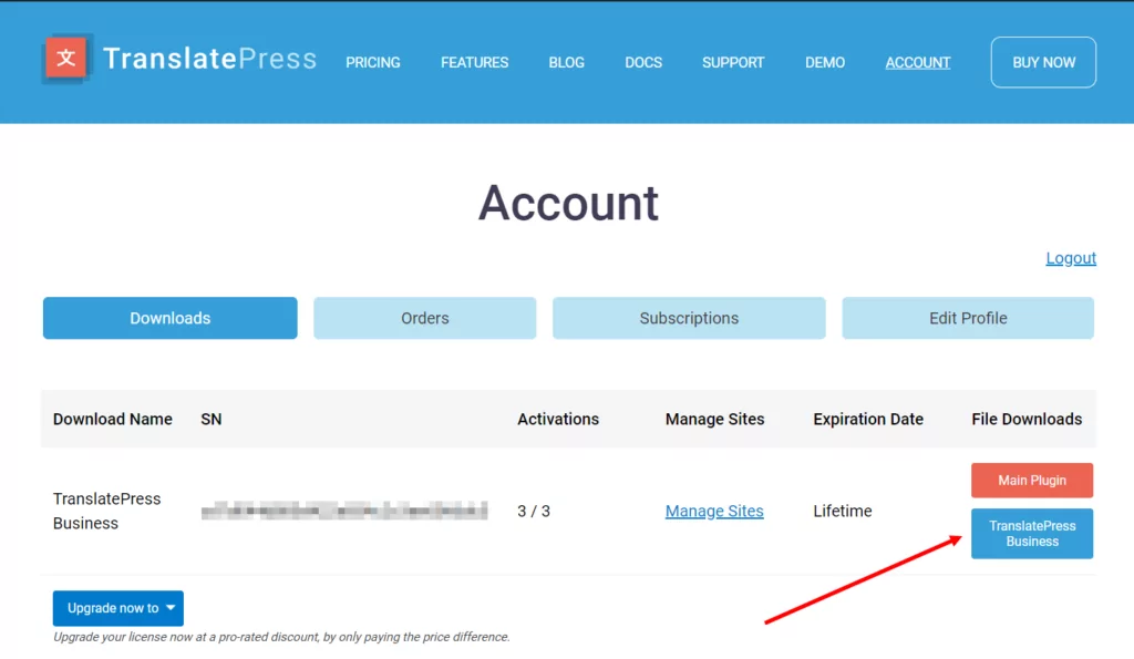 TranslatePress Account page to download the Pro plugin