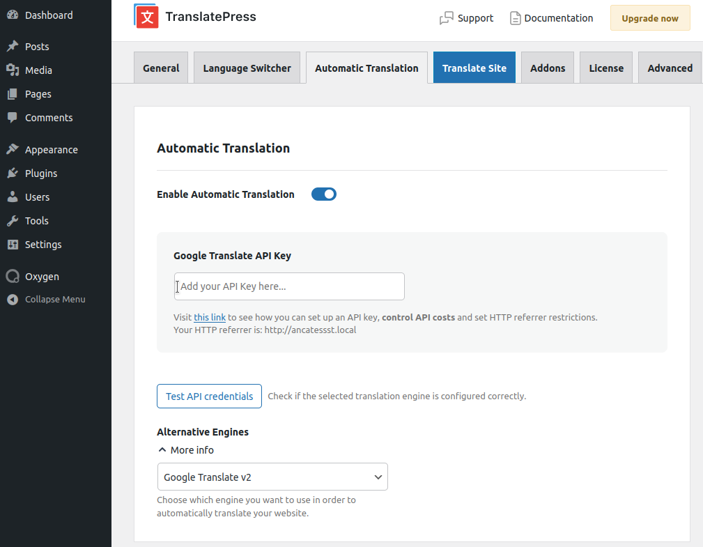 Set up automatic translation in TranslatePress Settings