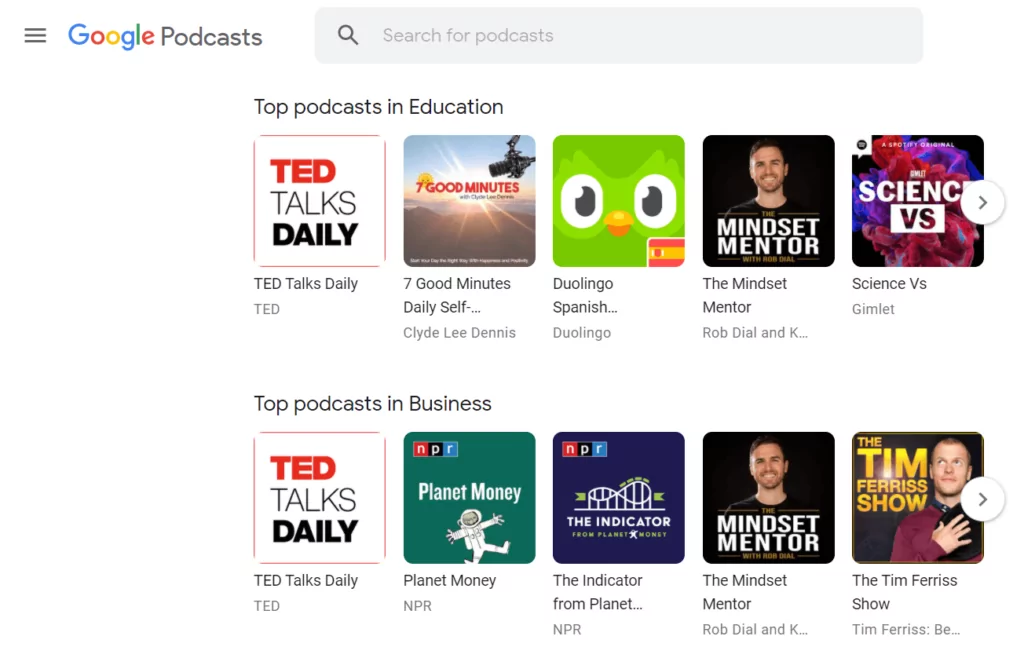 A selection of Google podcasts.