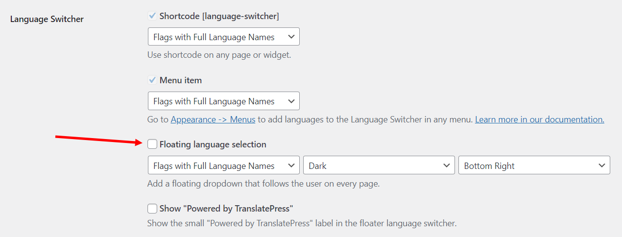 Removing the floating selector from the language switcher settings