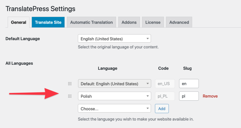 TranslatePress settings