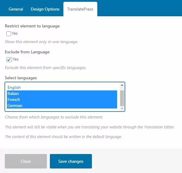 WPBakery Exclude element from language