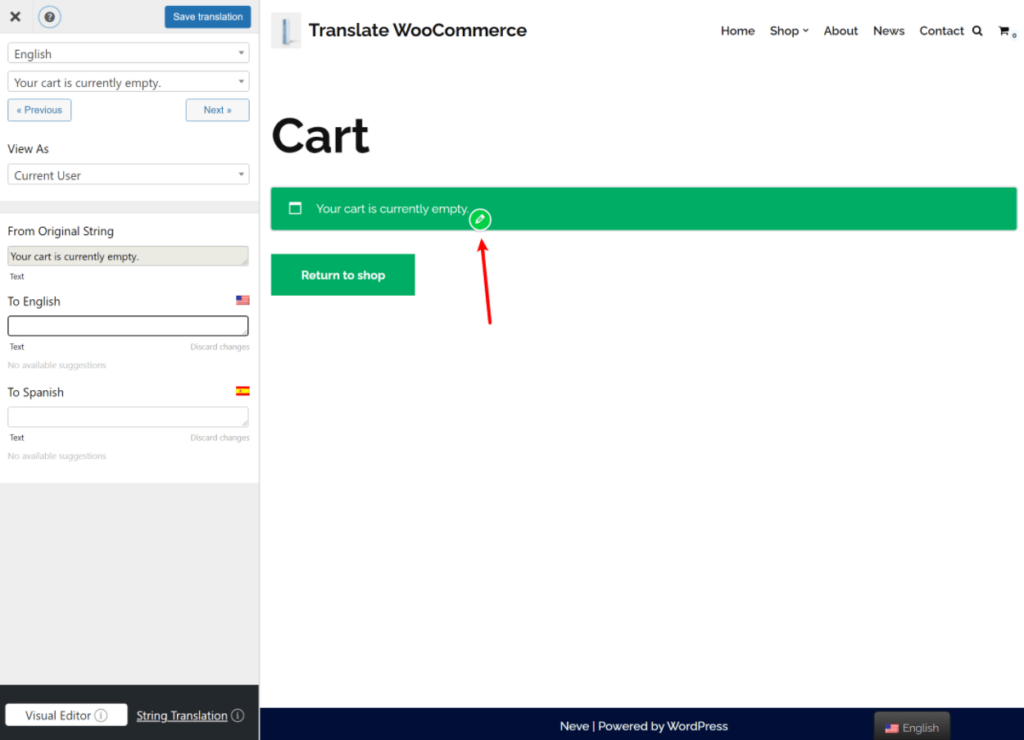Translate empty WooCommerce cart