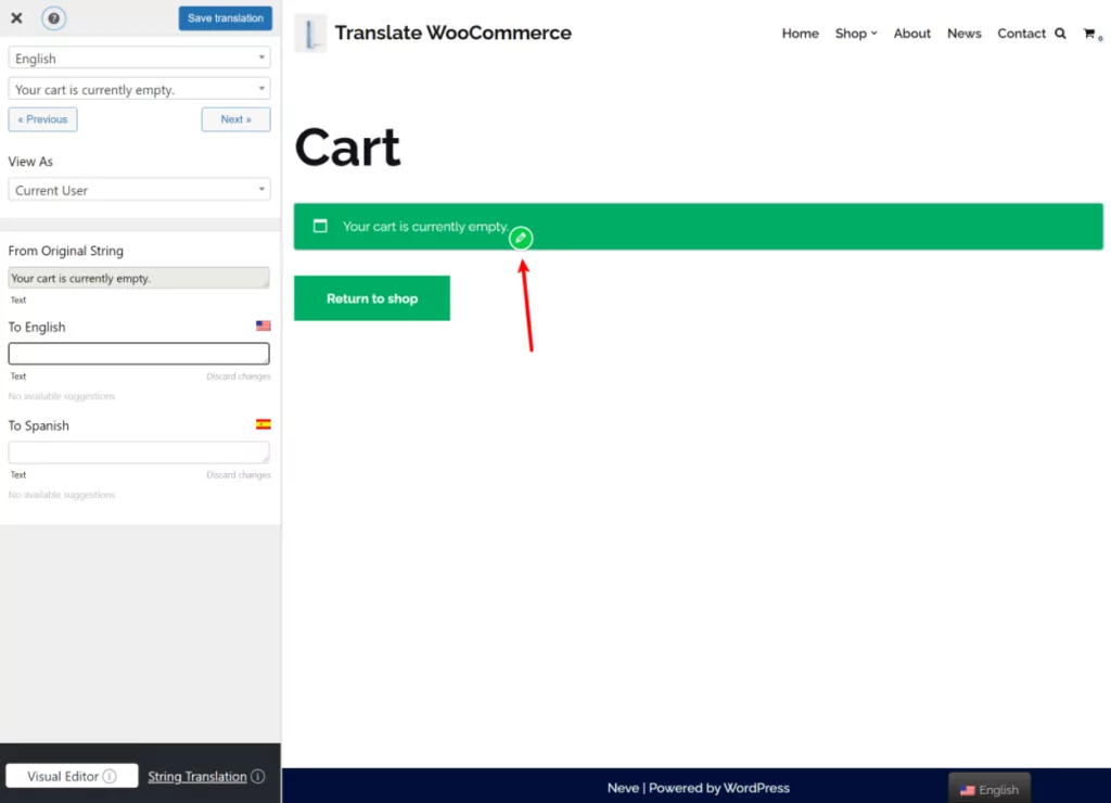 Translate empty WooCommerce cart