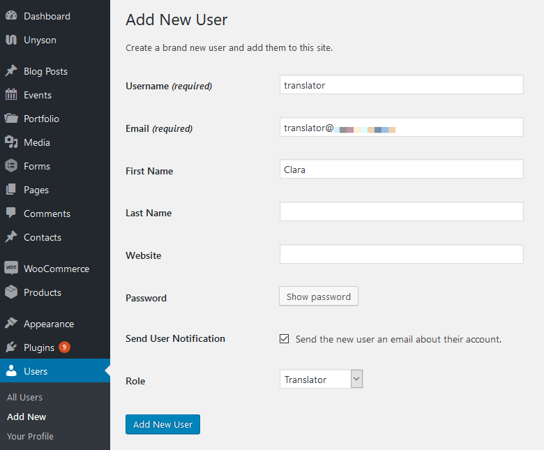 Add translator account in WordPress