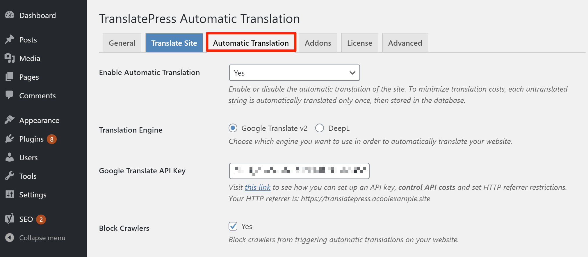 Google Translate config in WordPress