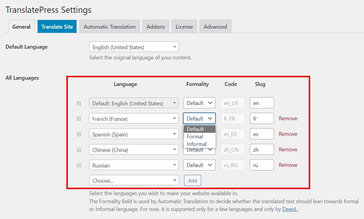 translatepress settings set languages