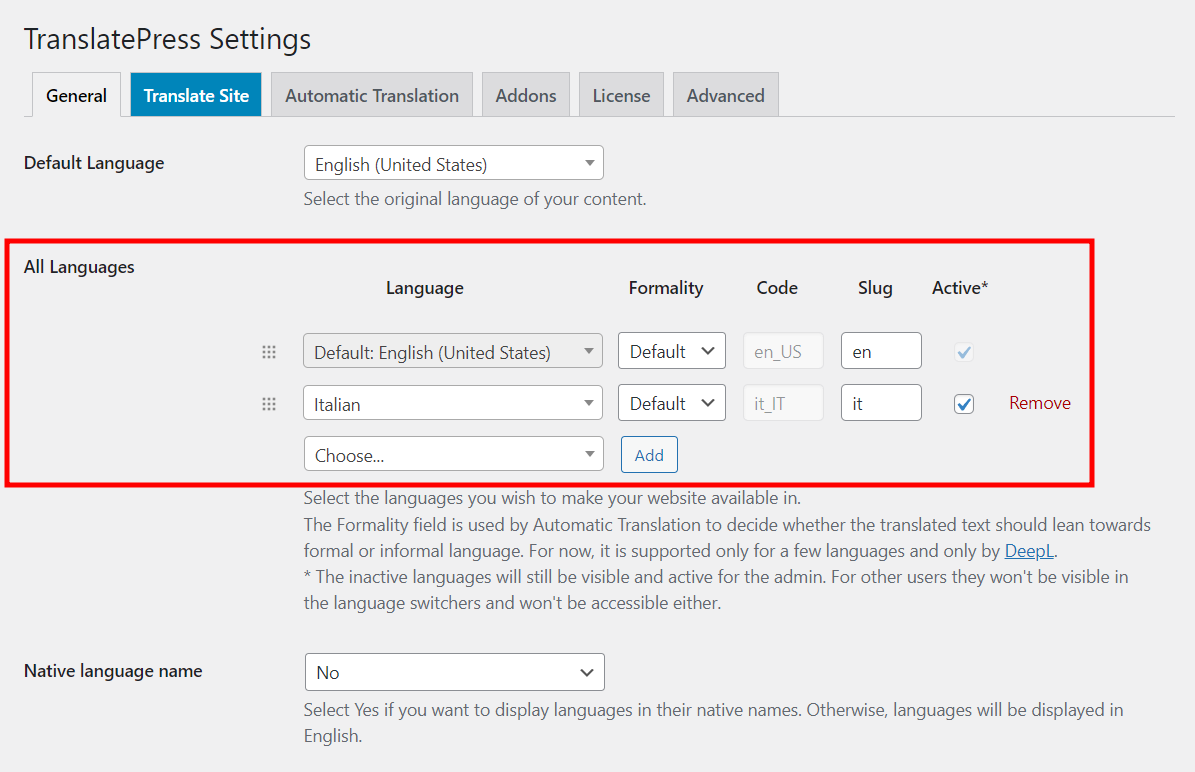 Adding new additional languages using TranslatePress
