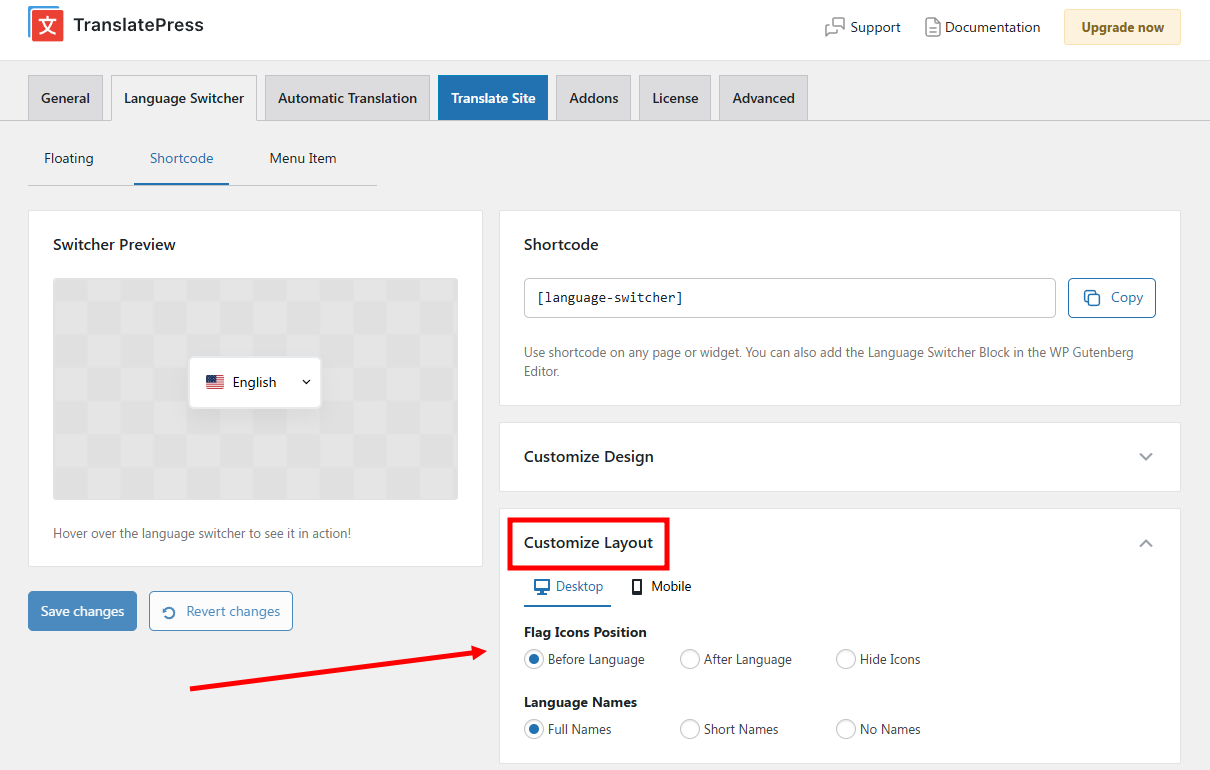 language switcher flag options