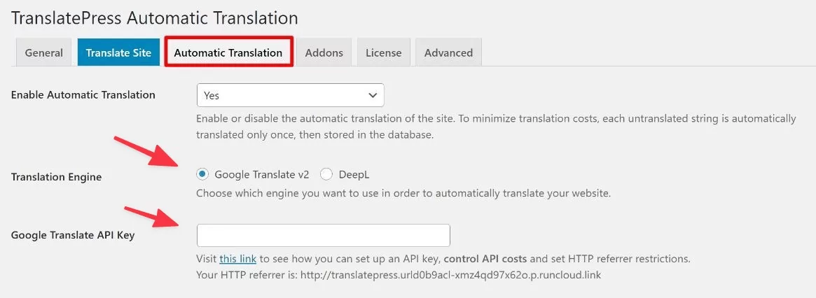 automatic translation for TranslatePress' website translate widget