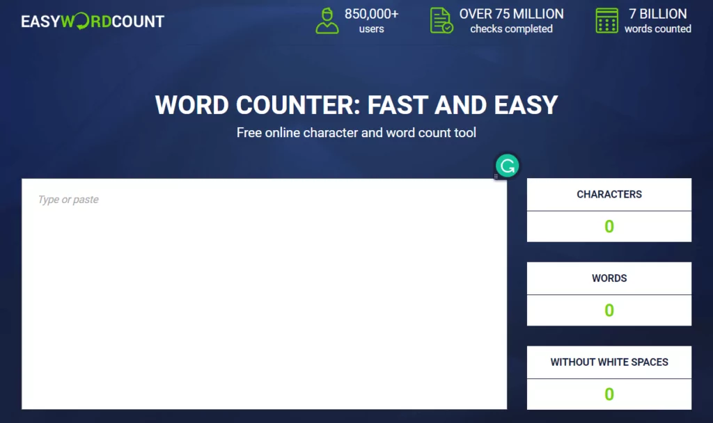 Easy Word Count web page word counter website