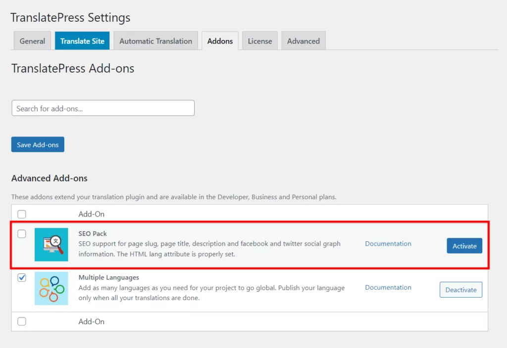 Activate SEO Pack add-on 