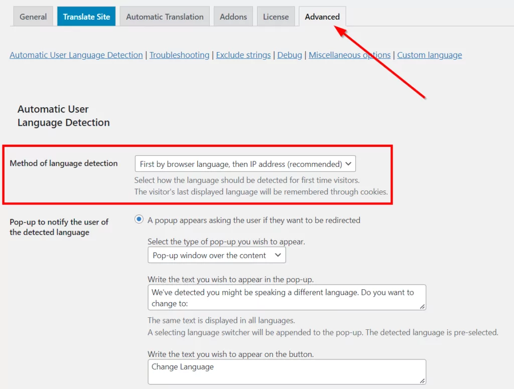 detect browser language settings translatepress