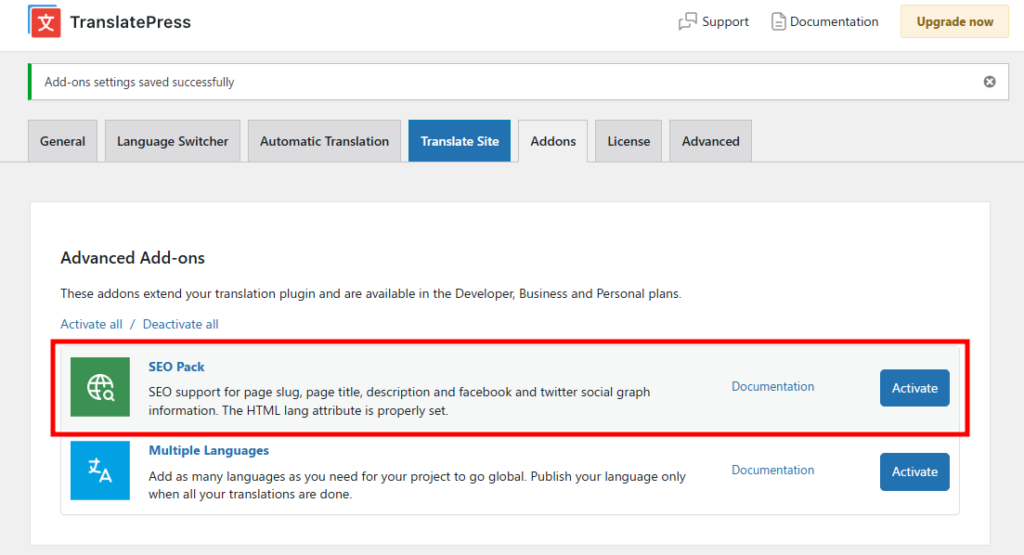 Activate SEO Pack add-on