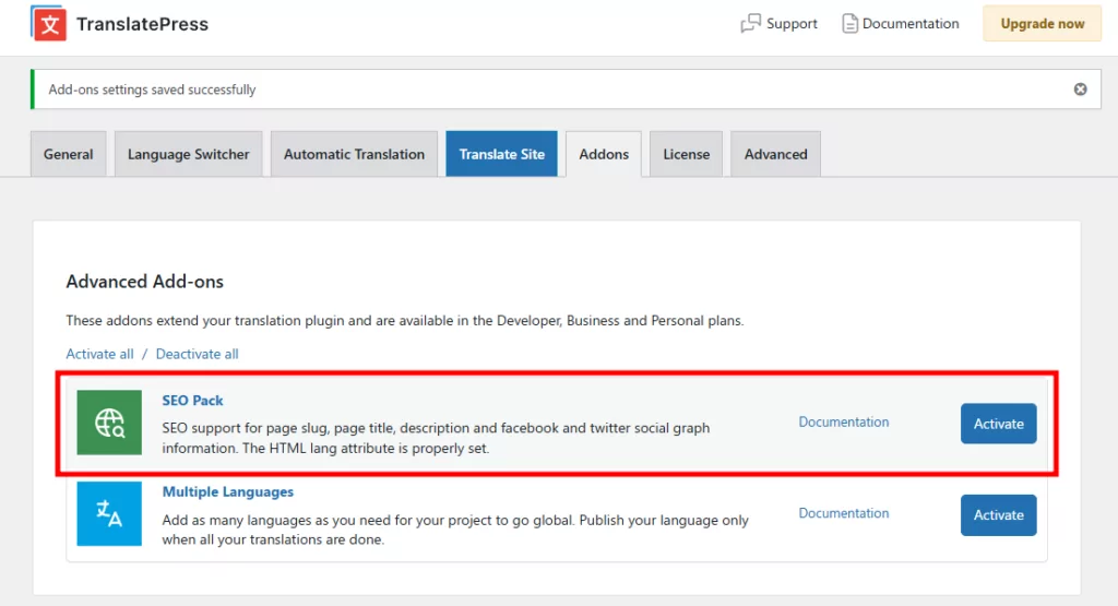 Activate SEO Pack add-on