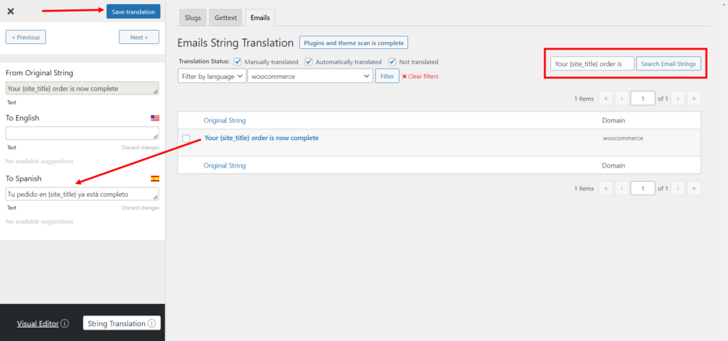 Translating WooCommerce Complete order email