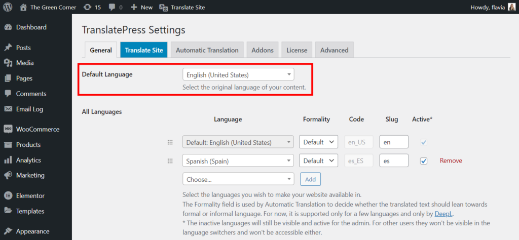 TranslatePress default language settings