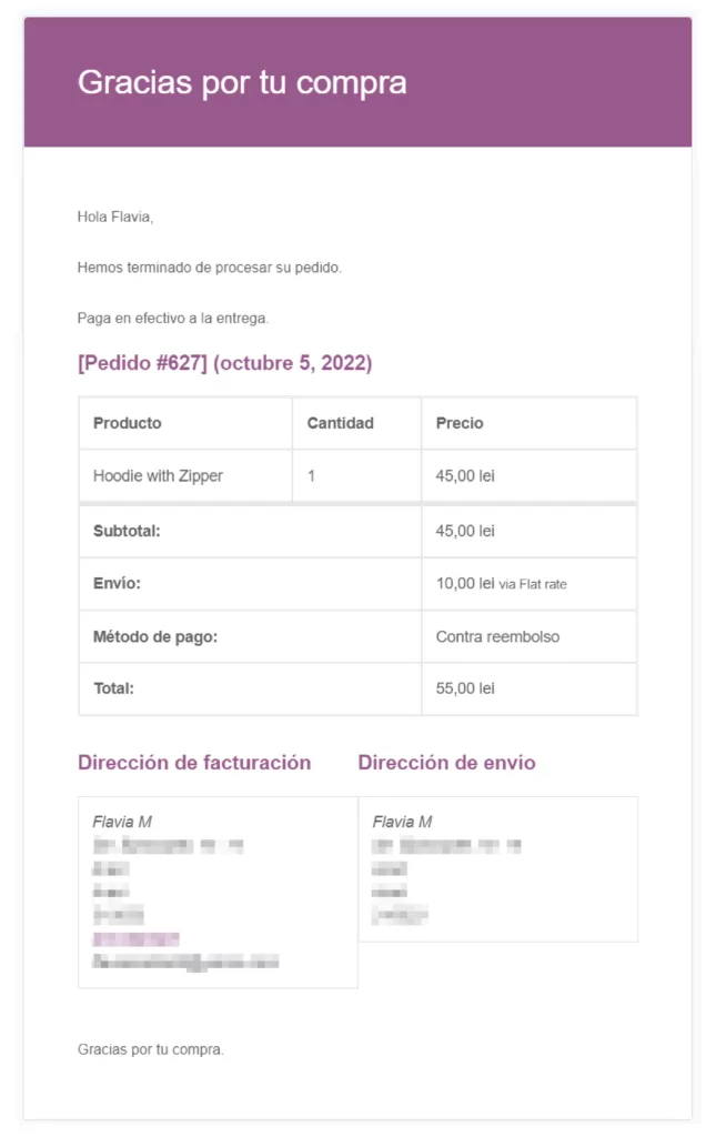 WooCommerce email translation to Spanish