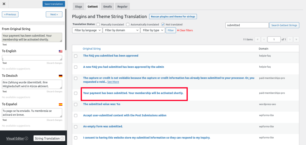 screenshot of TranslatePress's Gettext tab in the String Translator
