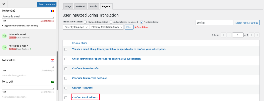 screenshot of Translate Press's Regular tab under the String Translation Interface