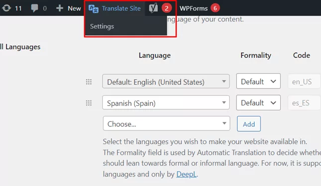 TranslatePress button in admin bar
