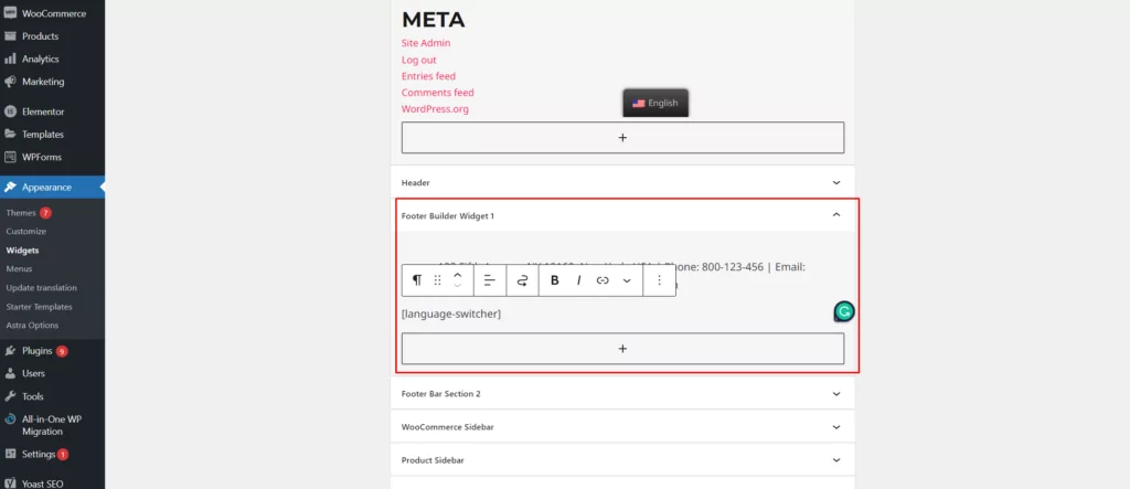 Language selector footer options