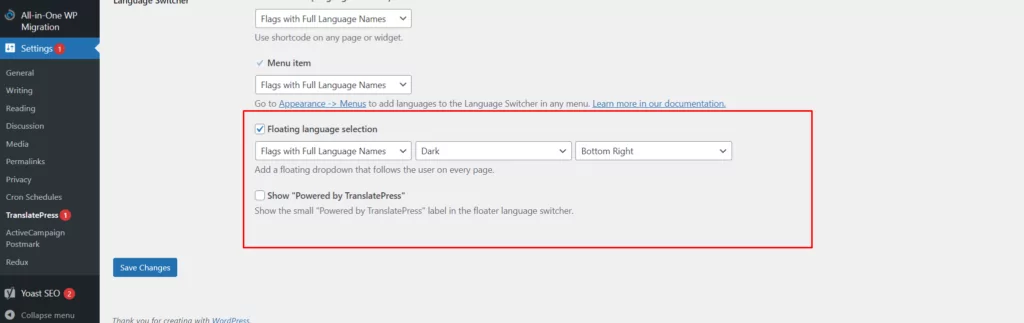 Floating language selector settings