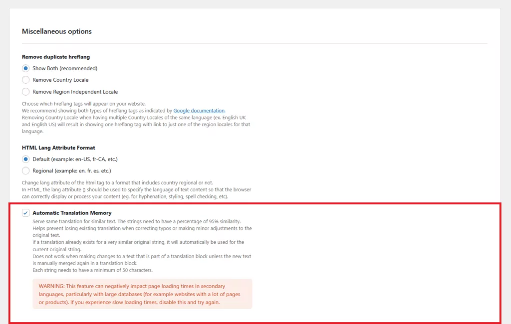 Enabling the Automatic Translation Memory setting