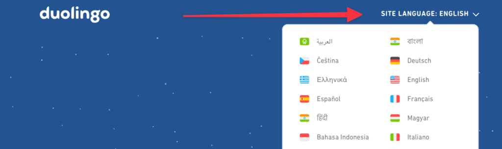 An example of a website language switcher by Duolingo