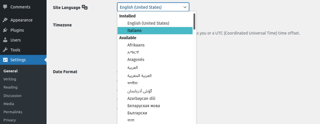 screenshot of WordPress dashboard settings menu