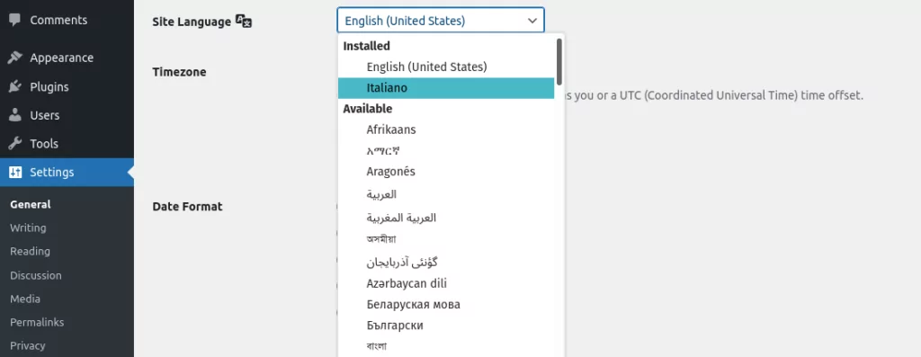 screenshot of WordPress dashboard settings menu