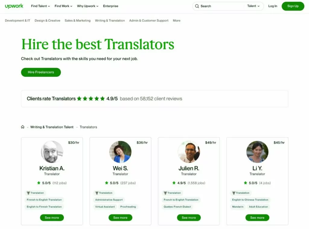 Upwork is one of the best freelance translation marketplaces for websites and other use cases