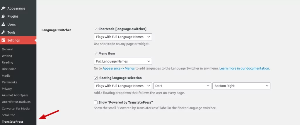 screenshot of TranslatePress settings