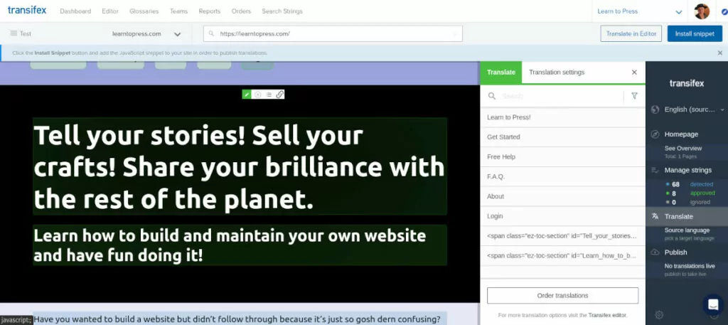 screenshot of Transifex dashboard