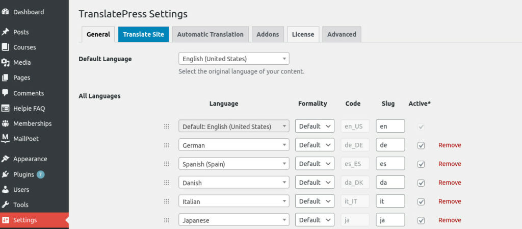 screenshot of TranslatePress settings in WordPress
