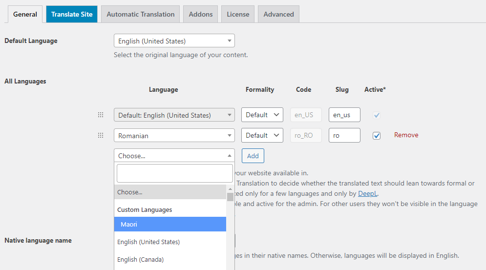 Custom Language listed in All Languages dropdown TranslatePress