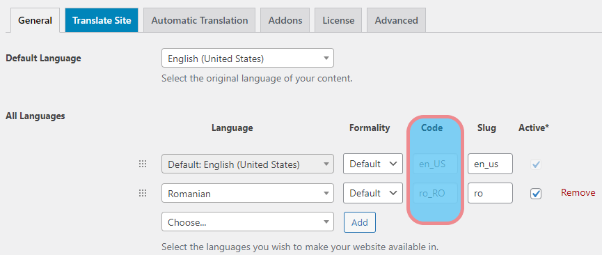 Language code in TranslatePress settings