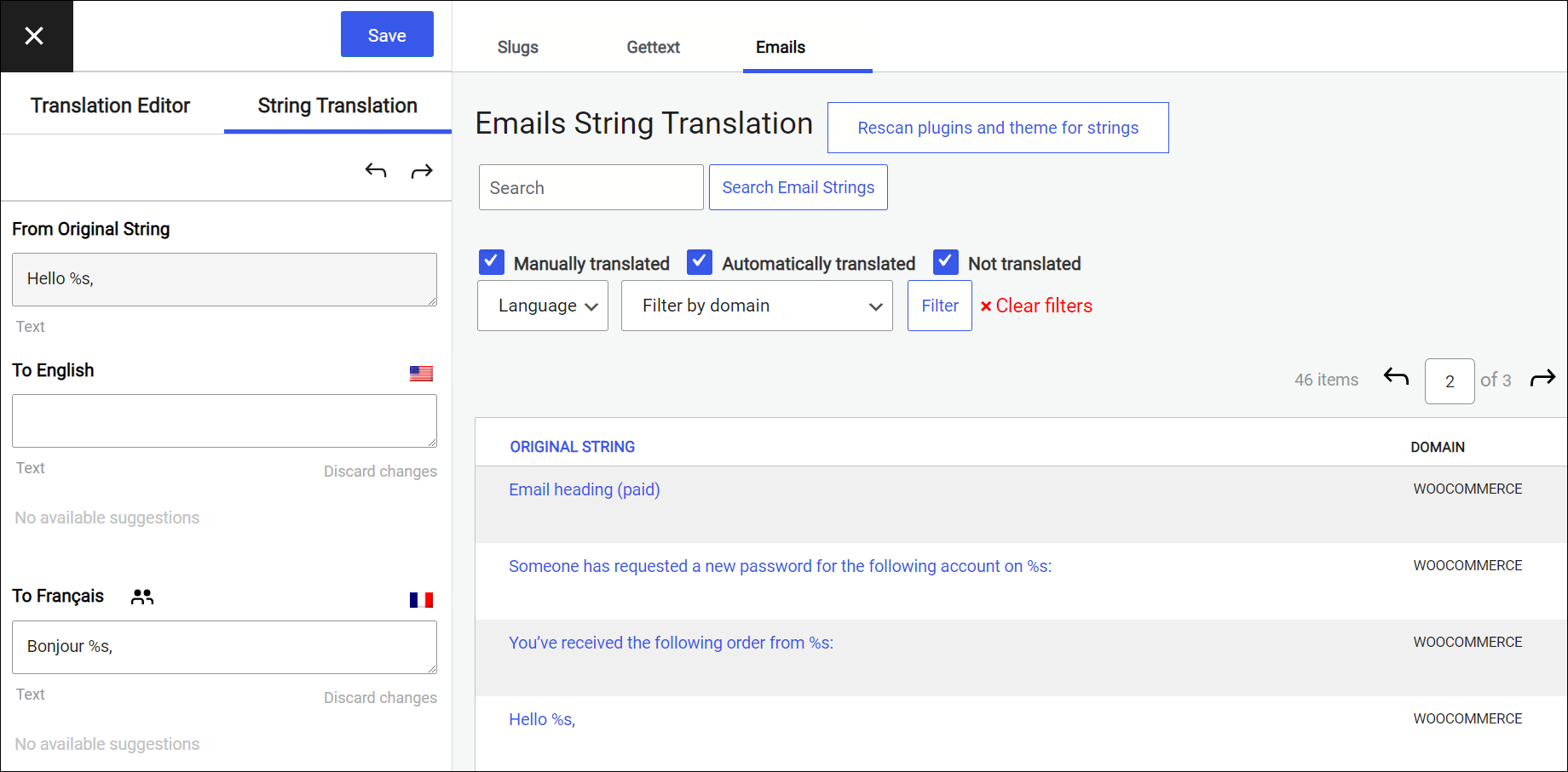 Emails String Translation tab