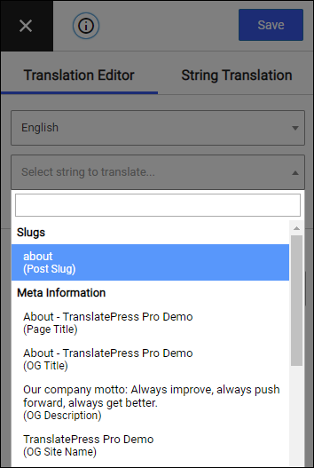 Meta information section in translation editor