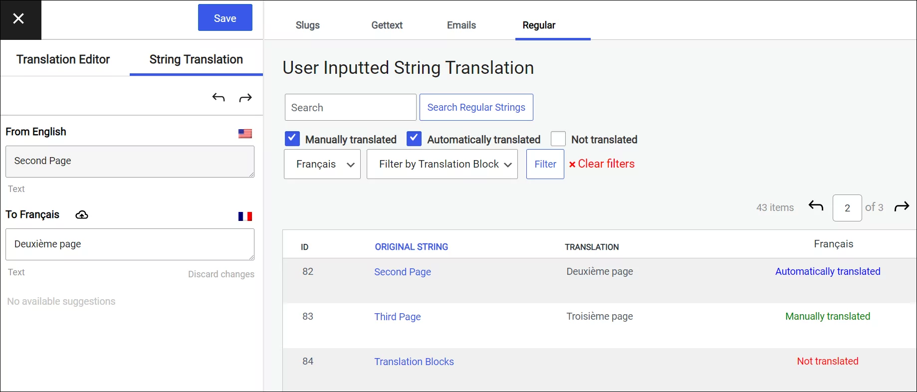 Regular String Translation tab