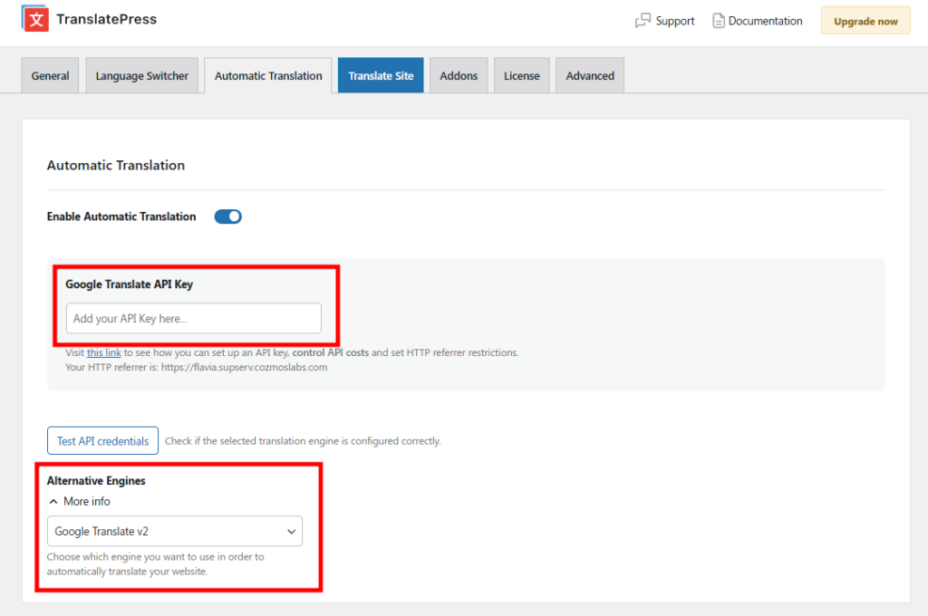 Paste Google API key in TranslatePress settings